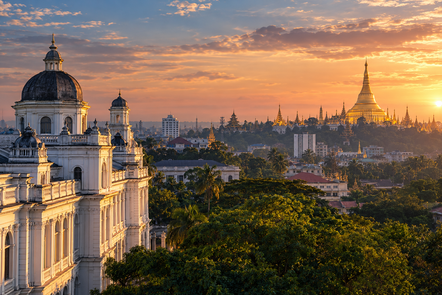 Yangon heritage architecture and Shwedagon Pagoda at sunset — illustration